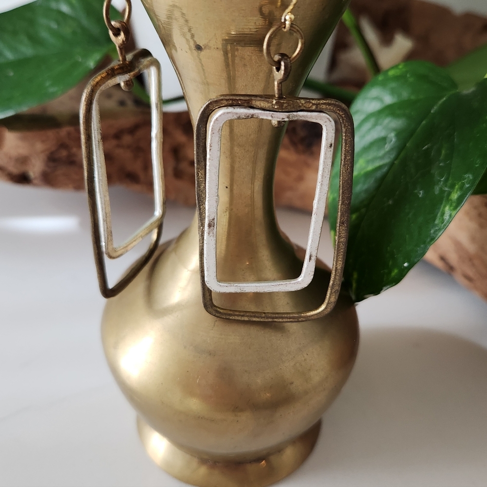 Rustic Gold And Silver Rectangular Earrings - image 8